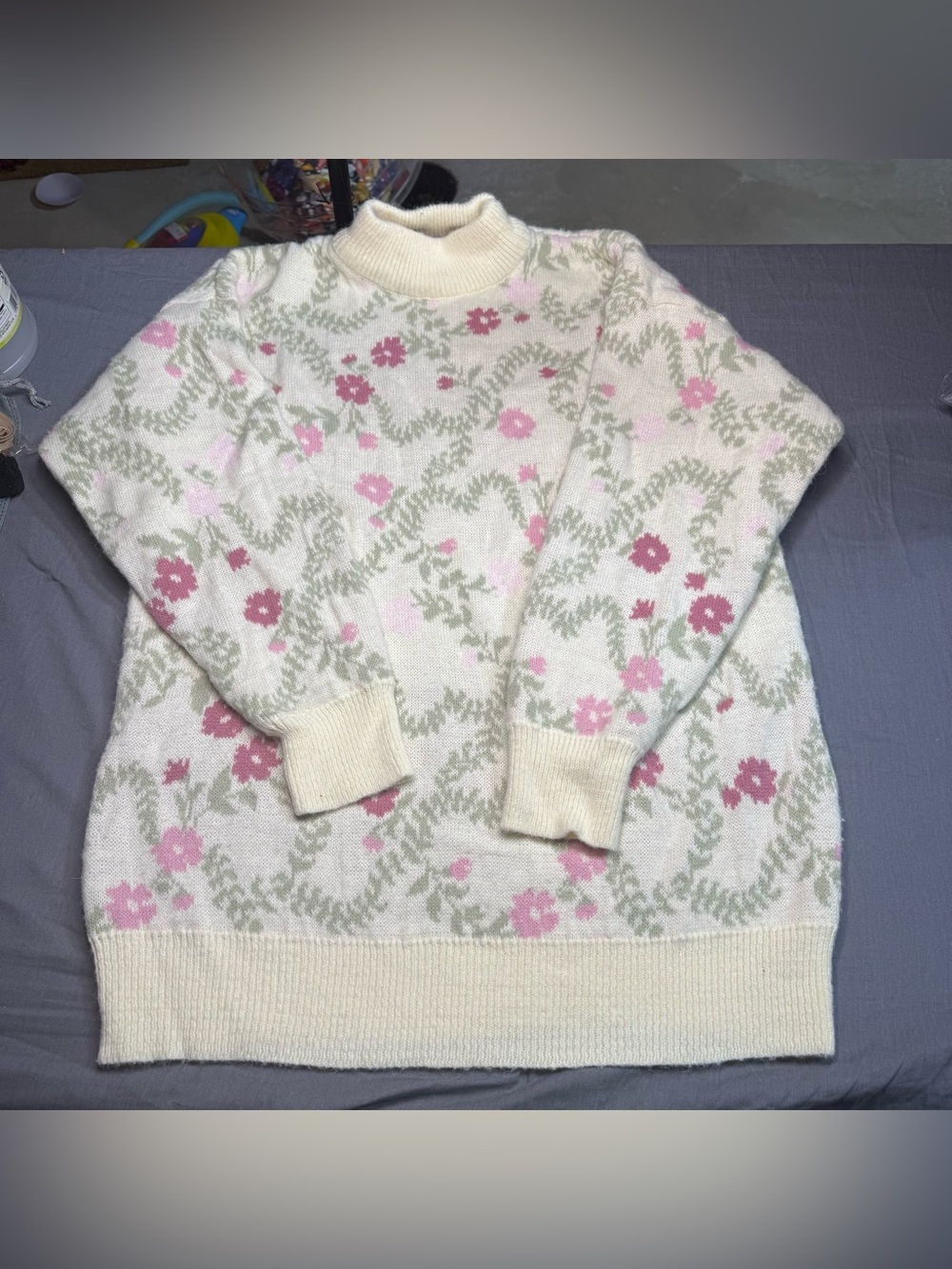 Venezia Cream Turtleneck Sweater with Pink Floral and Sage Vine Motif
